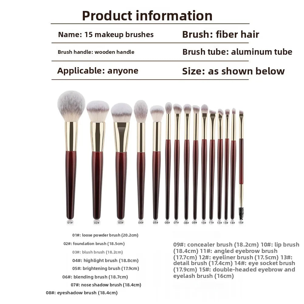 15 Professional Makeup Brushes Solid Wood Handle Aluminum Tube Makeup Brush Set Soft Multi-functional Beauty Tool