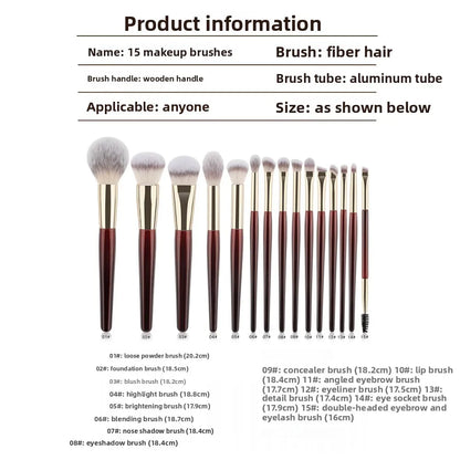 15 Professional Makeup Brushes Solid Wood Handle Aluminum Tube Makeup Brush Set Soft Multi-functional Beauty Tool