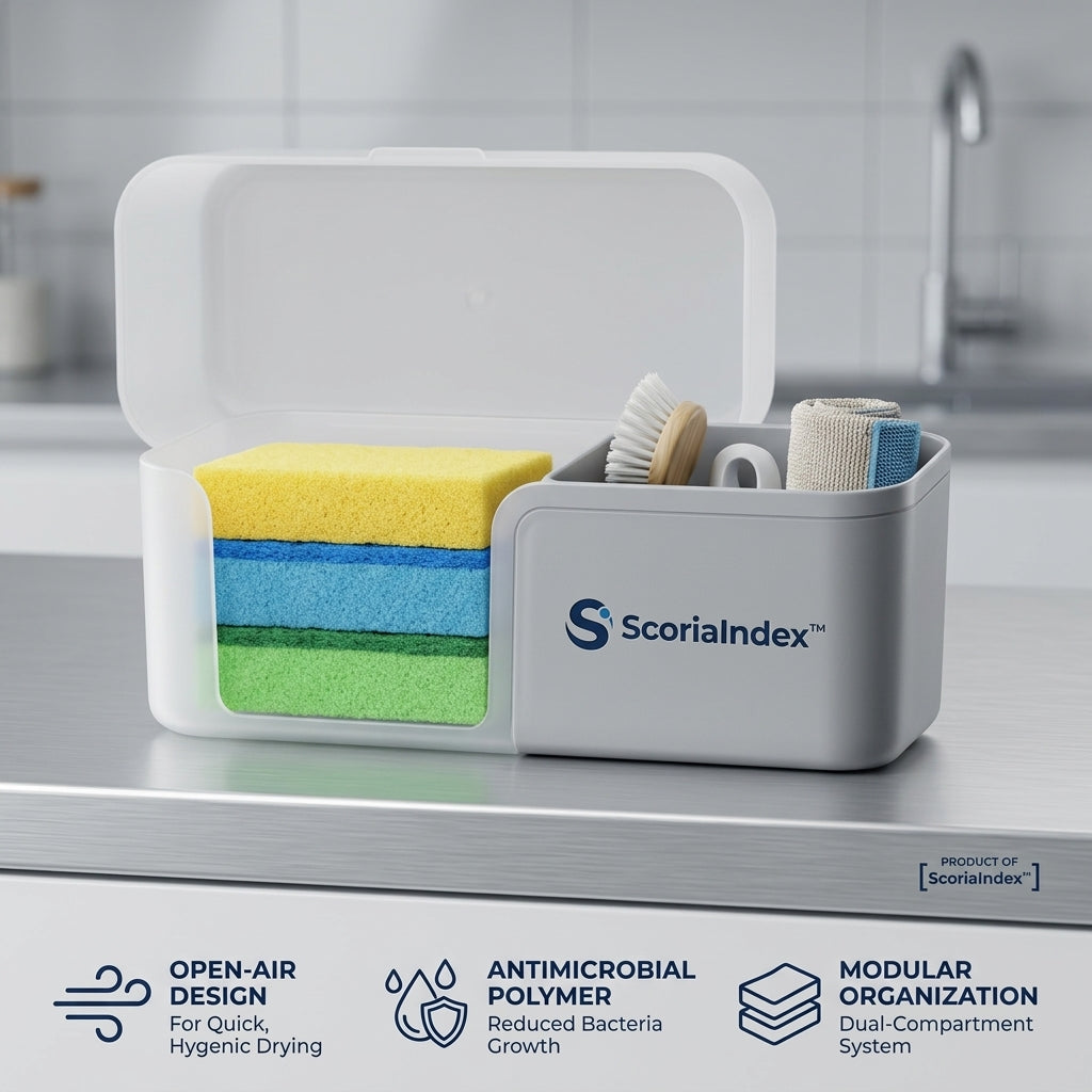 ScoriaIndex™ Strata-Trough Countertop Sponge Vault (with Geometric Gravity-Drainage Runoff)